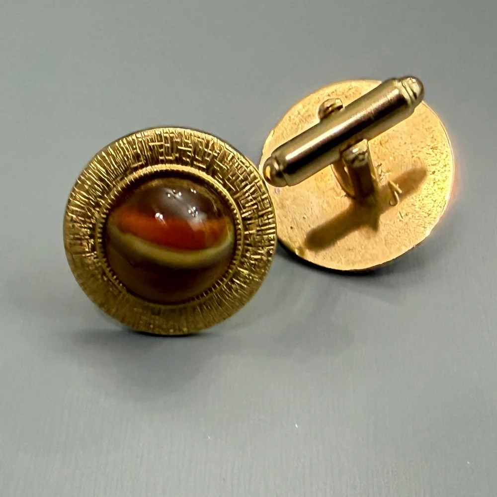 Vintage Anson Gold Saturn Greek Key Textured Cufflinks With Tiger's Eye Glass